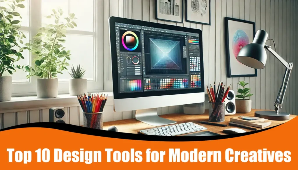 A modern creative workspace with a computer displaying design software, surrounded by tools like a graphics tablet, sketchbook, and colour swatches.