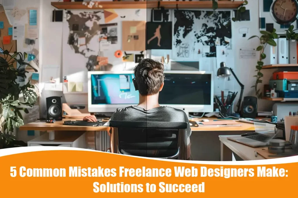 A comparison of common freelance web design mistakes and solutions for success, showcasing organisation and professional workflow.