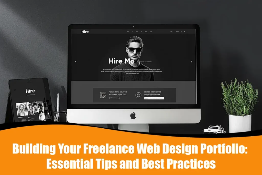 A freelance web design portfolio displayed on multiple devices, showcasing projects and testimonials, with design tools in the background.