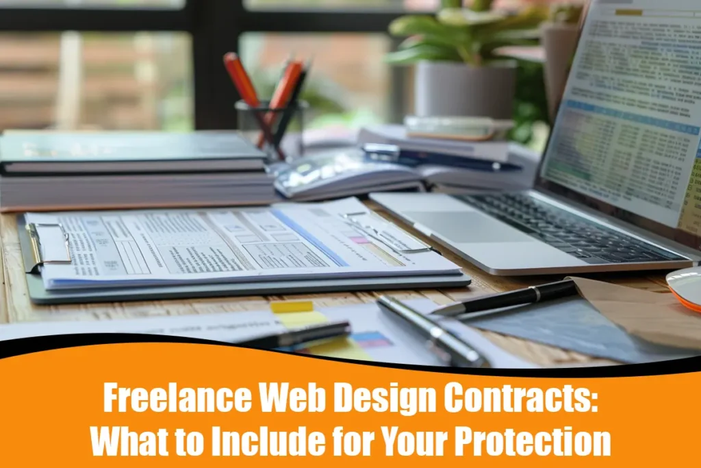 A freelance web designer reviewing a contract with key clauses like payment terms, deadlines, and revisions highlighted for protection.