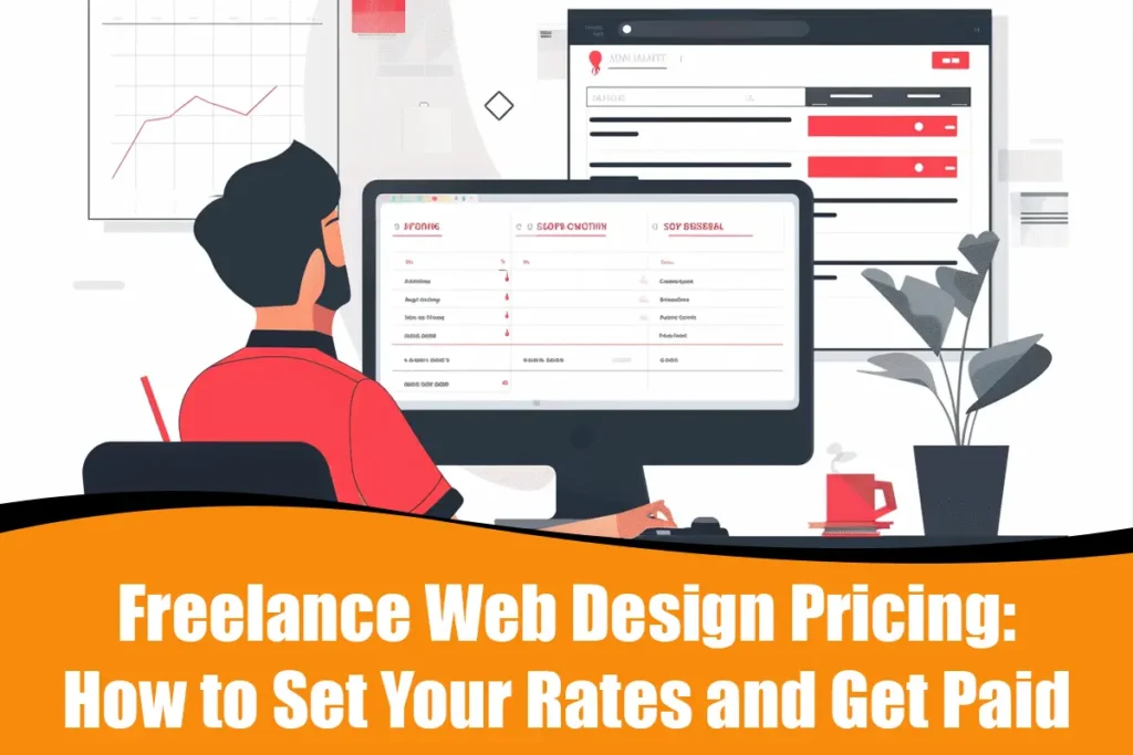 A freelance web designer reviewing pricing charts and invoices, with a laptop showing payment tiers and a payment notification.