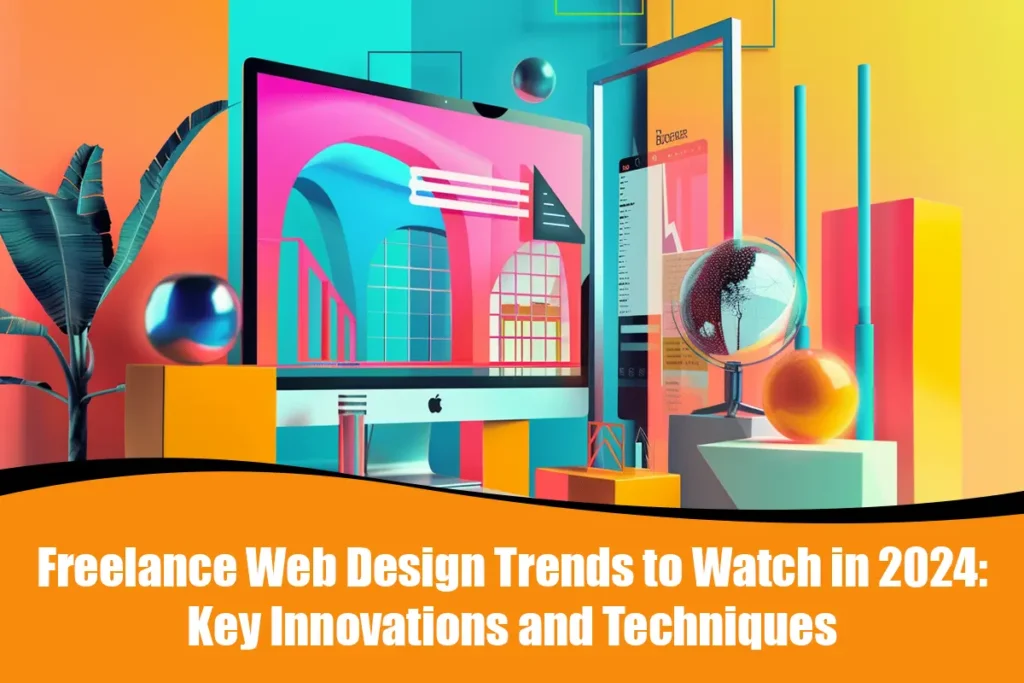 A futuristic web interface showcasing 2024 web design trends, including AI content, 3D elements, and mobile-first design.