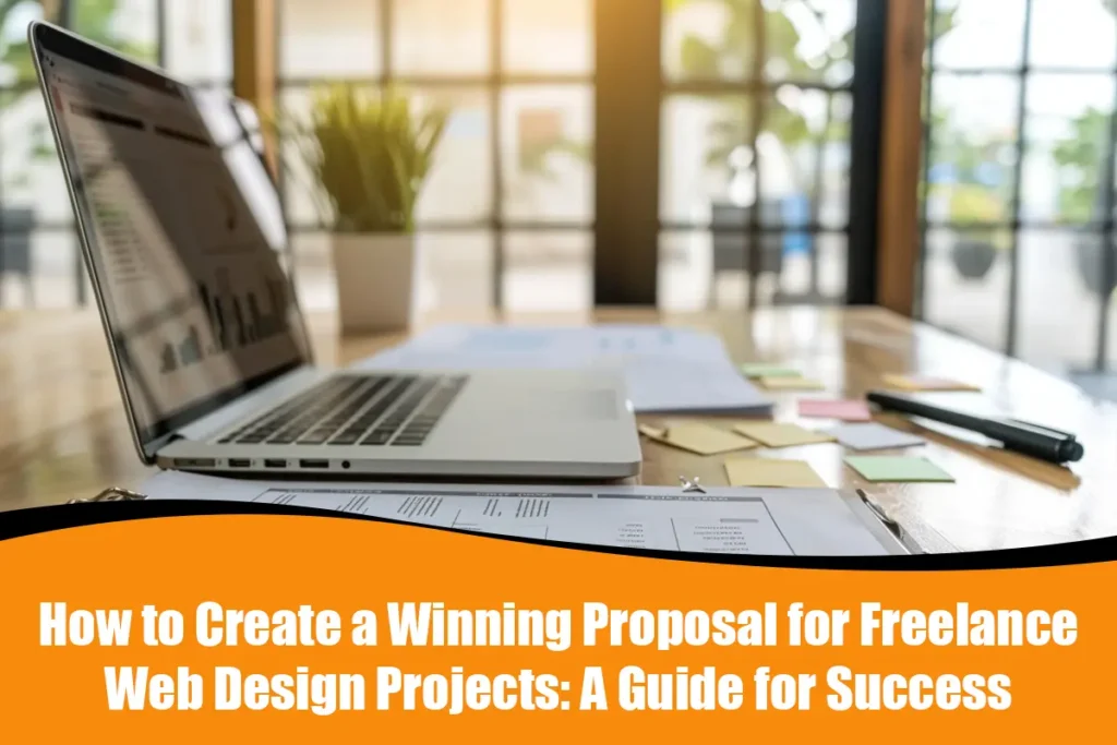 A winning freelance web design proposal showing project scope, timelines, and pricing on a laptop screen.