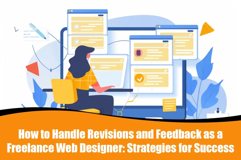 A freelance web designer reviewing client feedback and handling revisions with design iterations and checklists visible on a laptop screen.