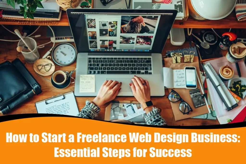 A freelance web designer working on a laptop with branding and planning tools, starting a web design business from home.