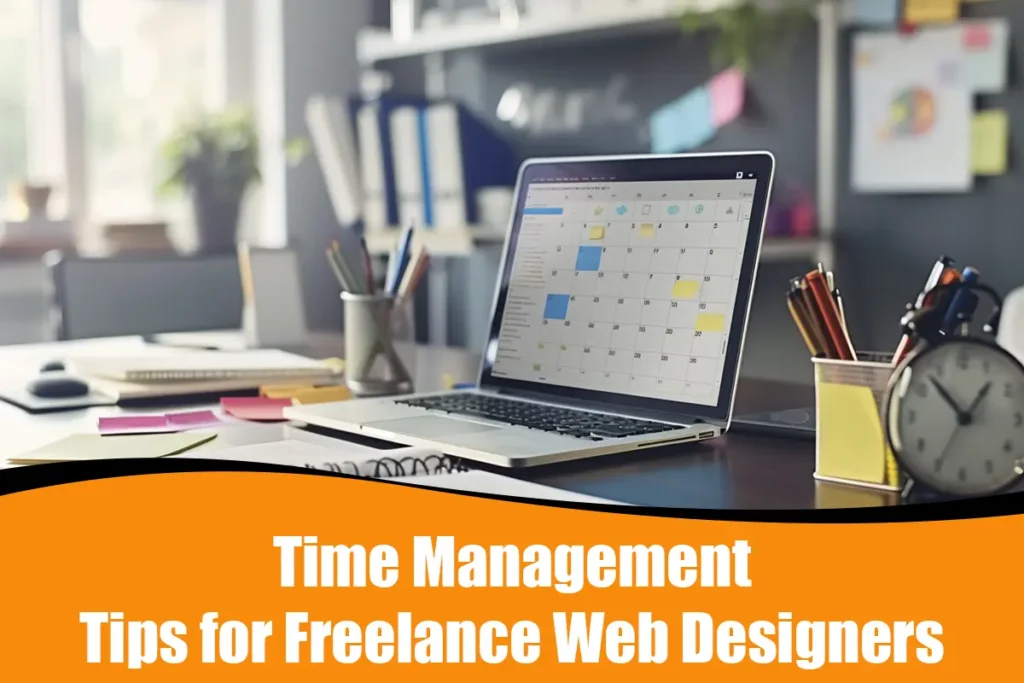 A freelance web designer’s organised workspace with project management tools, a calendar, and a timer, representing effective time management.