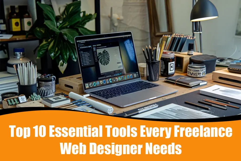 A freelance web designer's workspace with design software and essential tools for productivity and creativity in 2024.