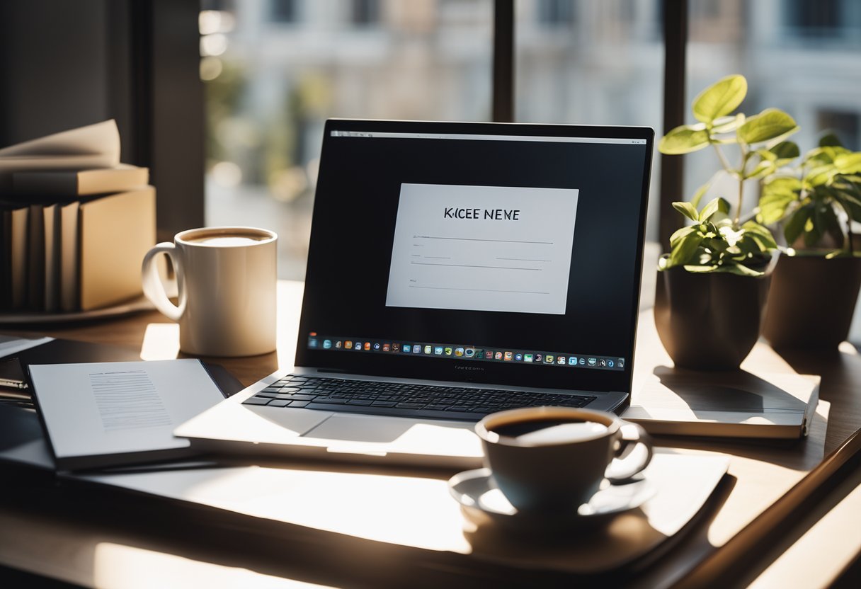 A sleek, modern laptop surrounded by design books and a notepad filled with sketches. A cup of coffee sits nearby as the sunlight streams in through the window