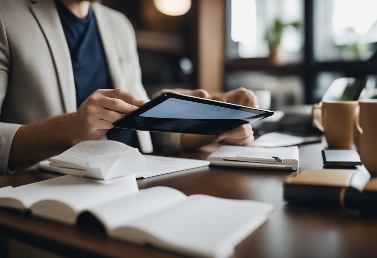 A freelance web designer reviewing project notes and making revisions on a digital tablet while communicating with clients via email