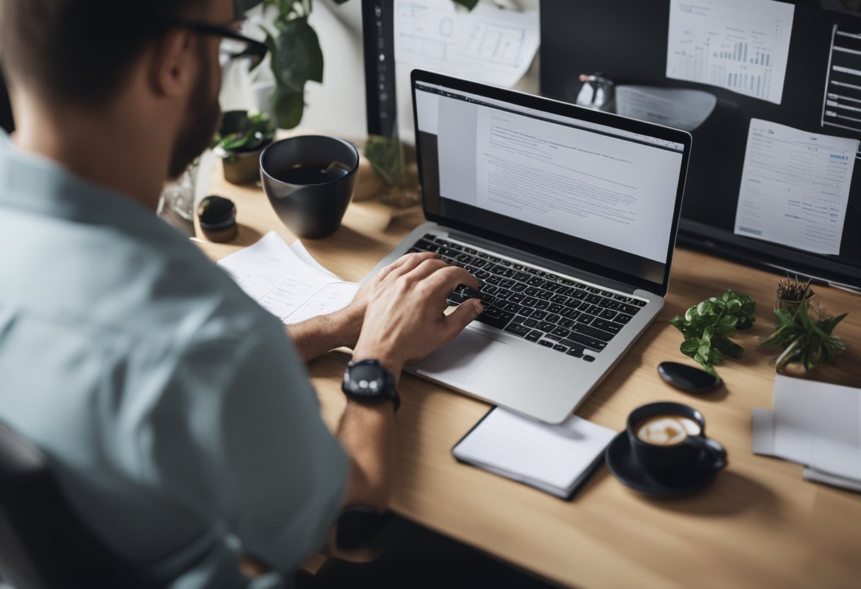 A freelance web designer receives feedback via email and makes revisions on a laptop at a cluttered desk with sketches and notes
