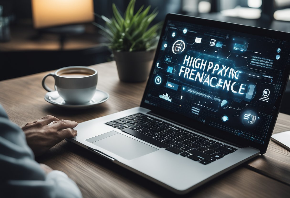 A laptop surrounded by web design tools and SEO keywords, with a spotlight on "High-Paying Freelance Web Design Clients"