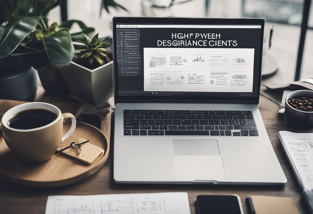 A sleek laptop displaying a portfolio of web designs, surrounded by business cards and a professional logo. A stack of cash sits next to it