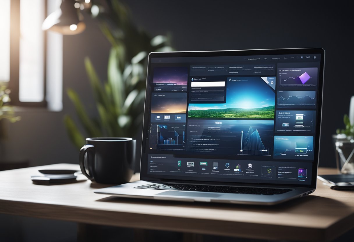 A laptop with a sleek, modern web design displayed on the screen, surrounded by various digital marketing tools and strategies