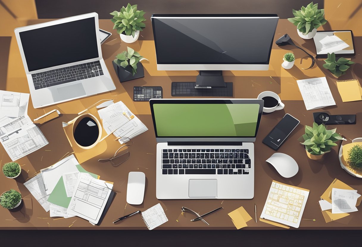 A designer's desk with a computer, notebook, and sketches, surrounded by web design elements and color swatches