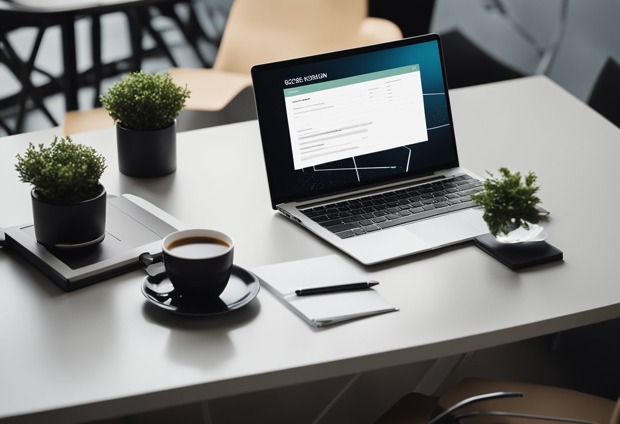 A sleek laptop with a clean, modern web design proposal displayed on the screen, surrounded by a notepad, pen, and a cup of coffee