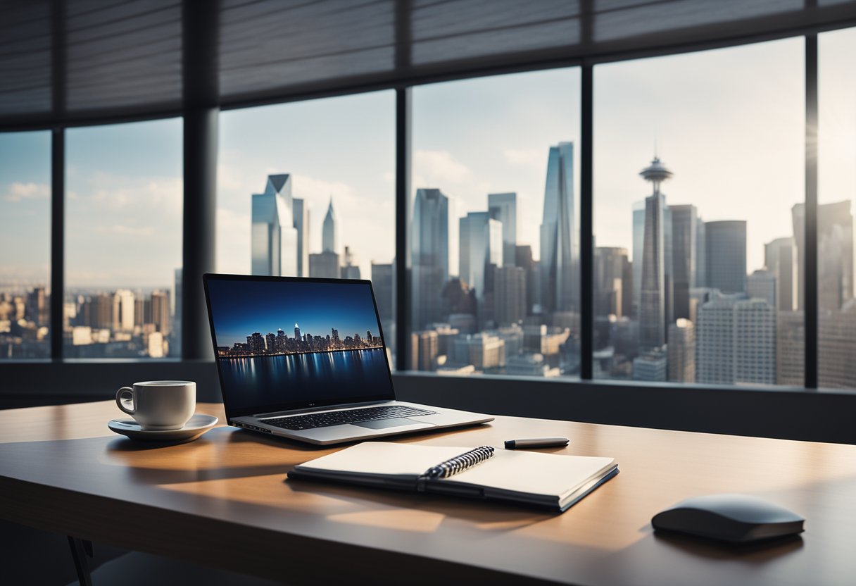 A sleek, modern laptop sits on a clean, organized desk with a view of a city skyline through a large window. A notepad and pen are nearby, ready for brainstorming ideas