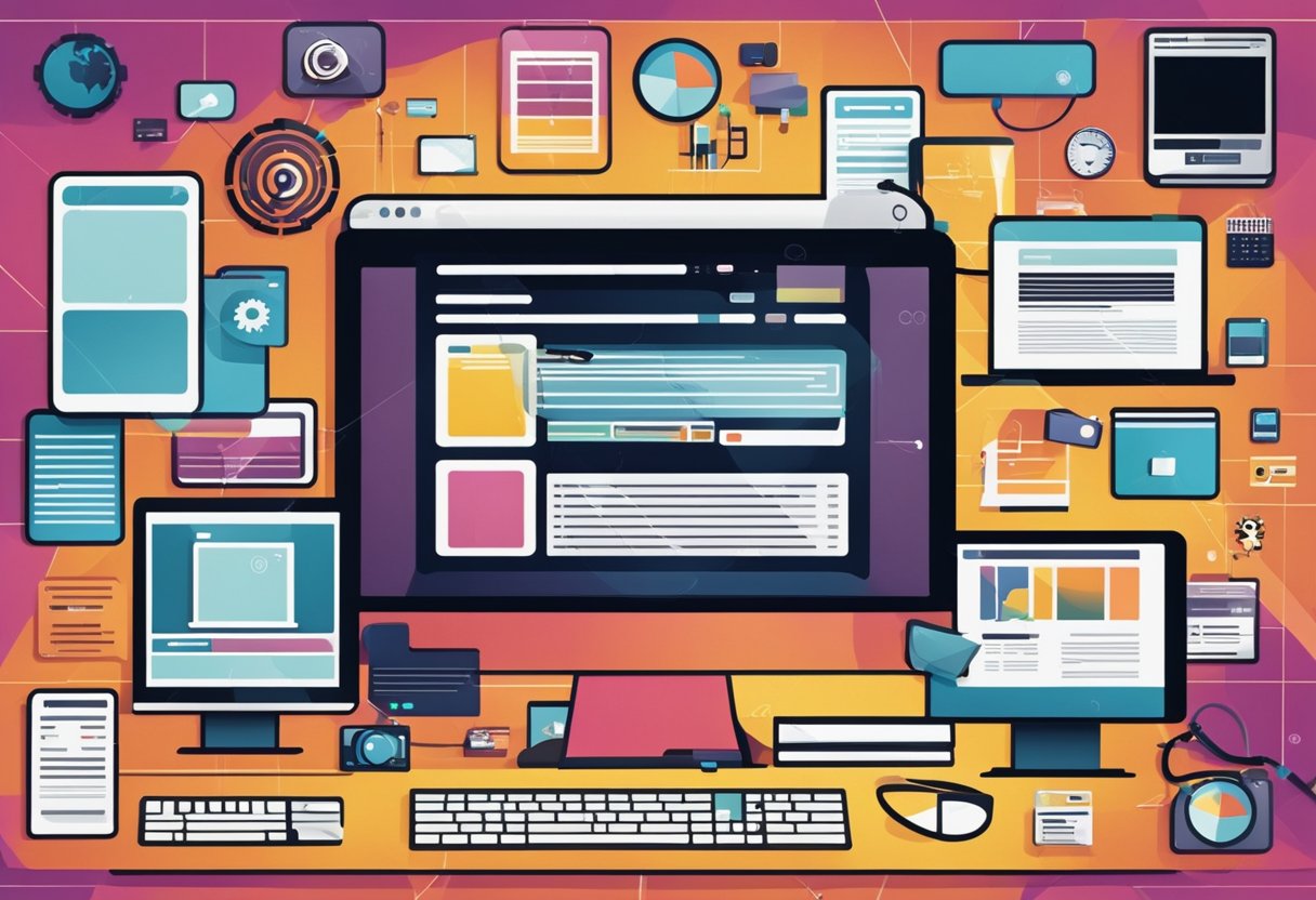 A computer screen displaying a modern, minimalist web design with clean lines and vibrant colors, surrounded by various digital devices and tools