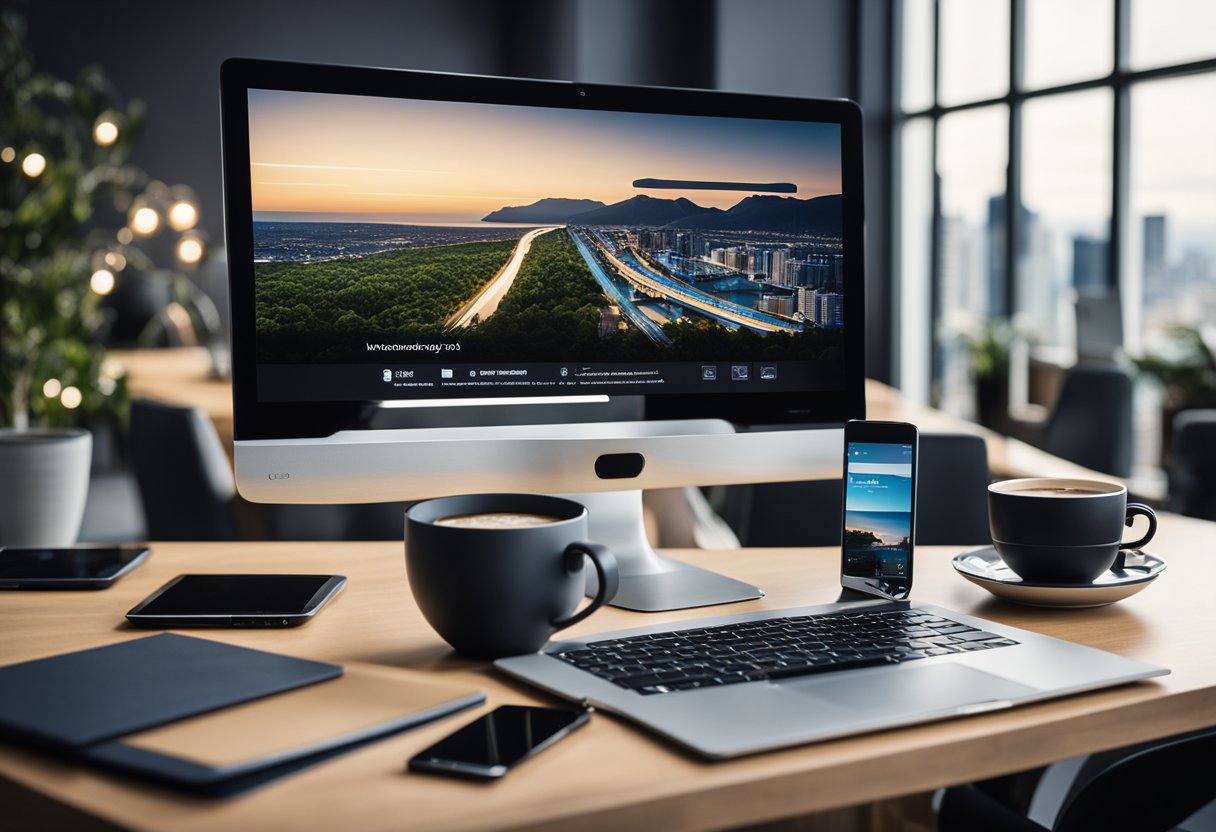 A laptop, tablet, and smartphone arranged on a modern desk with a sleek chair. The devices display different e-commerce websites