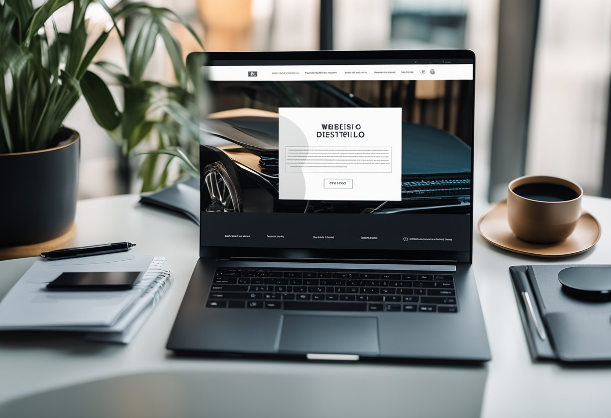 A sleek laptop displaying a stylish website design, surrounded by branding materials and a professional portfolio