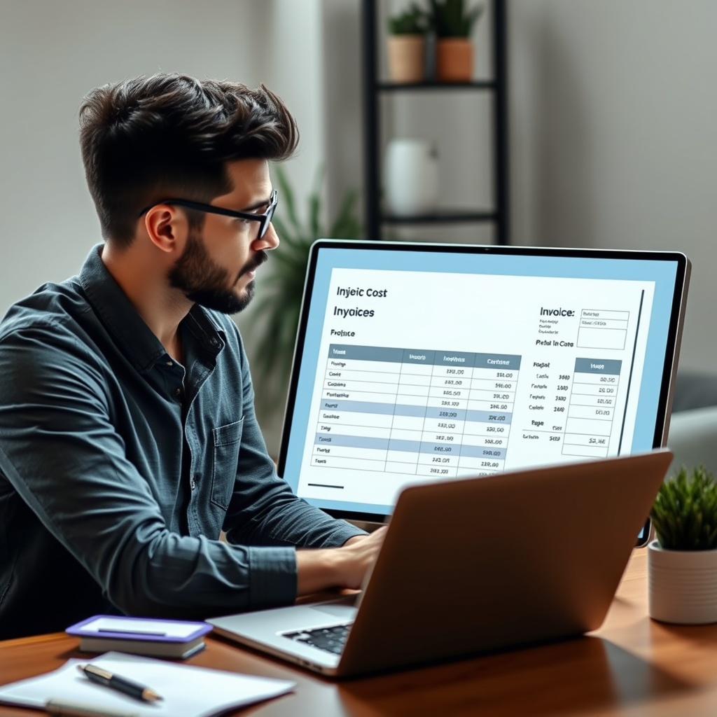 A professional web designer discussing project costs with a client over a laptop, showing a detailed invoice and budget plan on the screen.