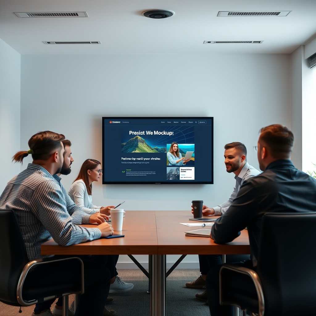 A team meeting where a web designer presents a website mockup to clients, emphasizing collaboration and goal setting for the project.