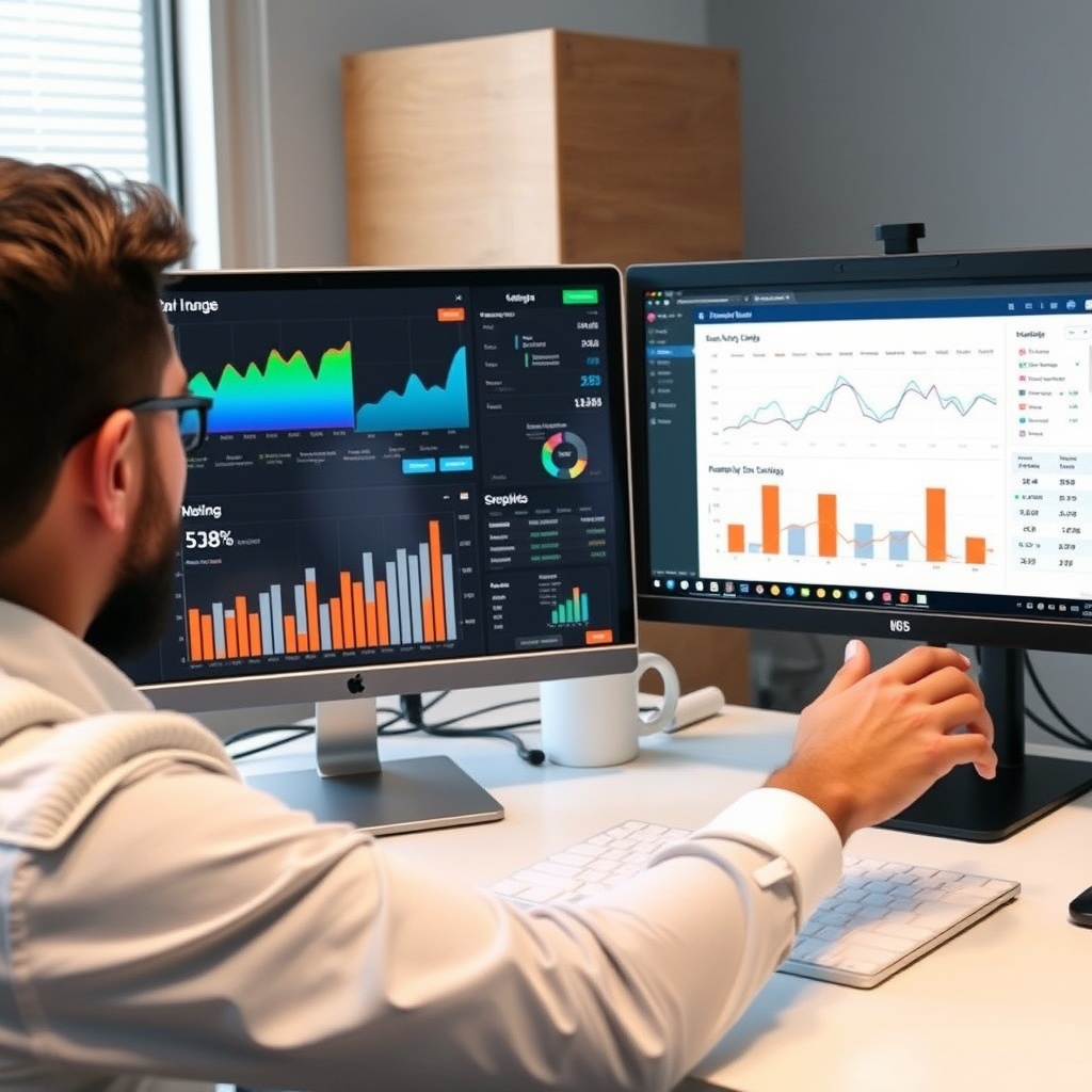 A digital marketer analyzing website performance data on a computer screen, with graphs and analytics tools visible.