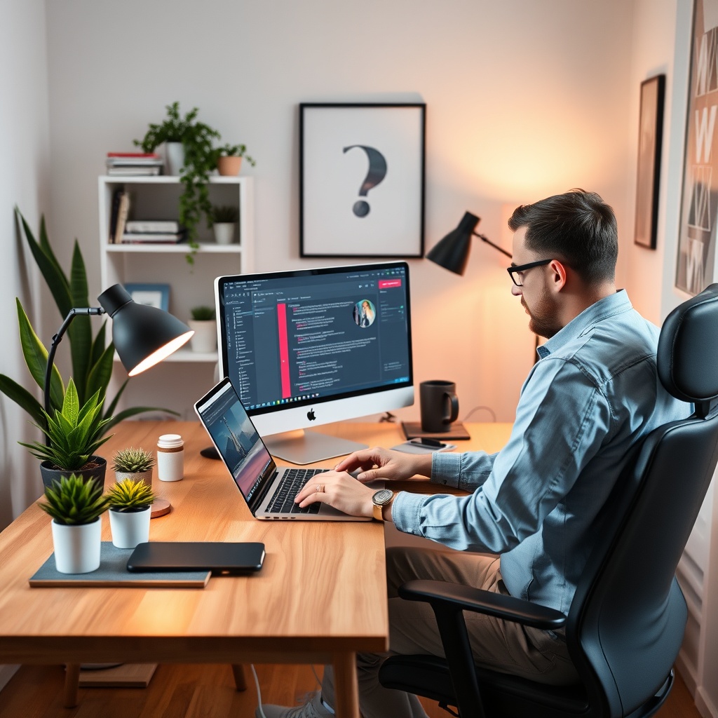 A modern home office setup with a designer working on a laptop, showcasing the process of starting a web design business from home, with a clean and professional aesthetic.