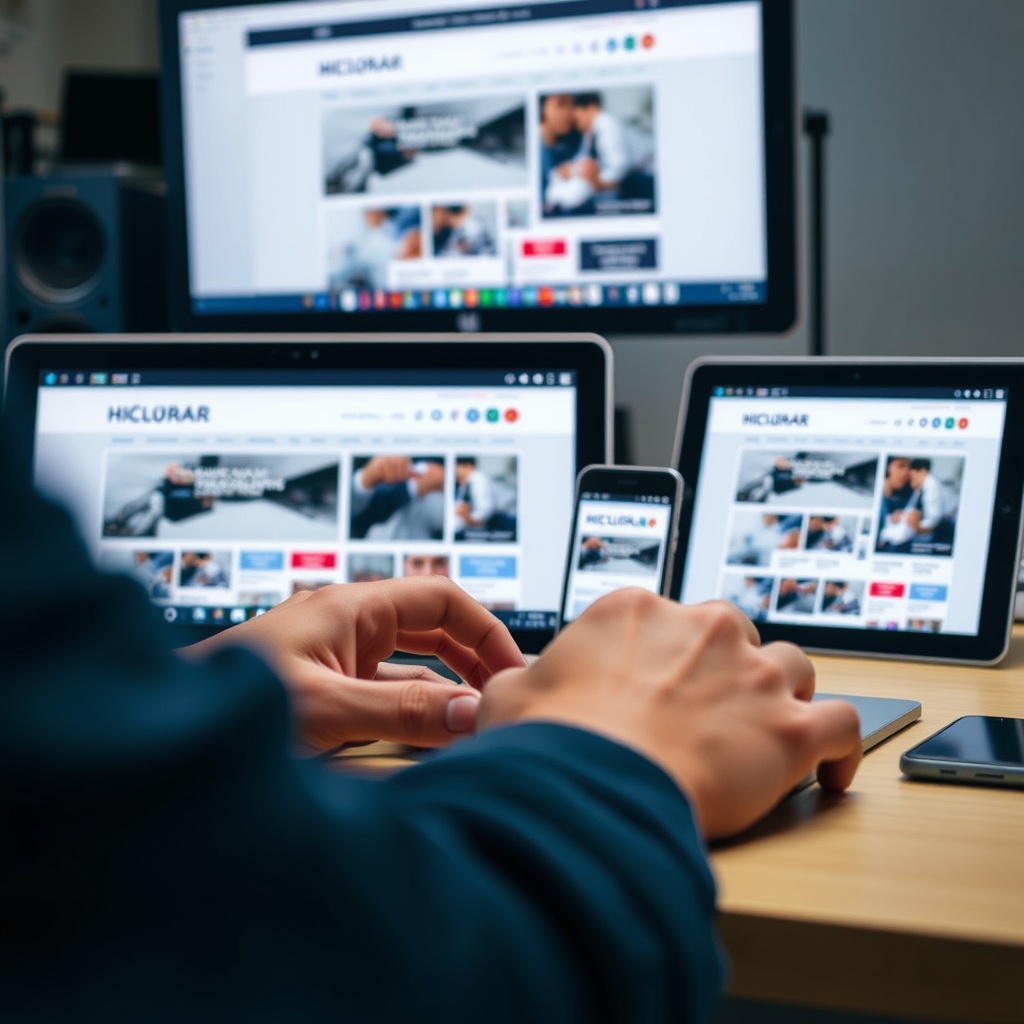 A close-up of a designer's hands working on a responsive web design project, with multiple devices displaying the same website, highlighting advanced web design techniques.