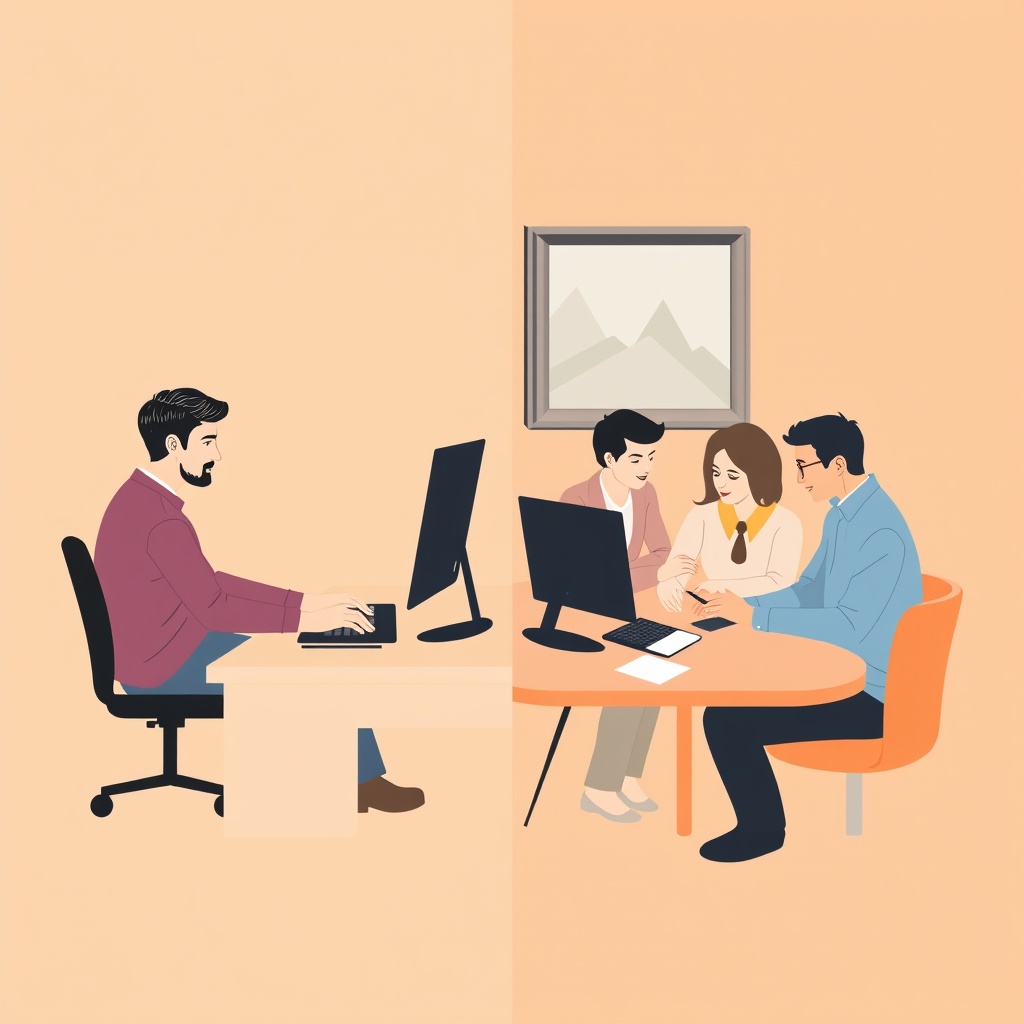 A split image showing a freelancer working independently on one side and a team collaborating remotely on the other, illustrating the comparison between freelance and agency models in web design.