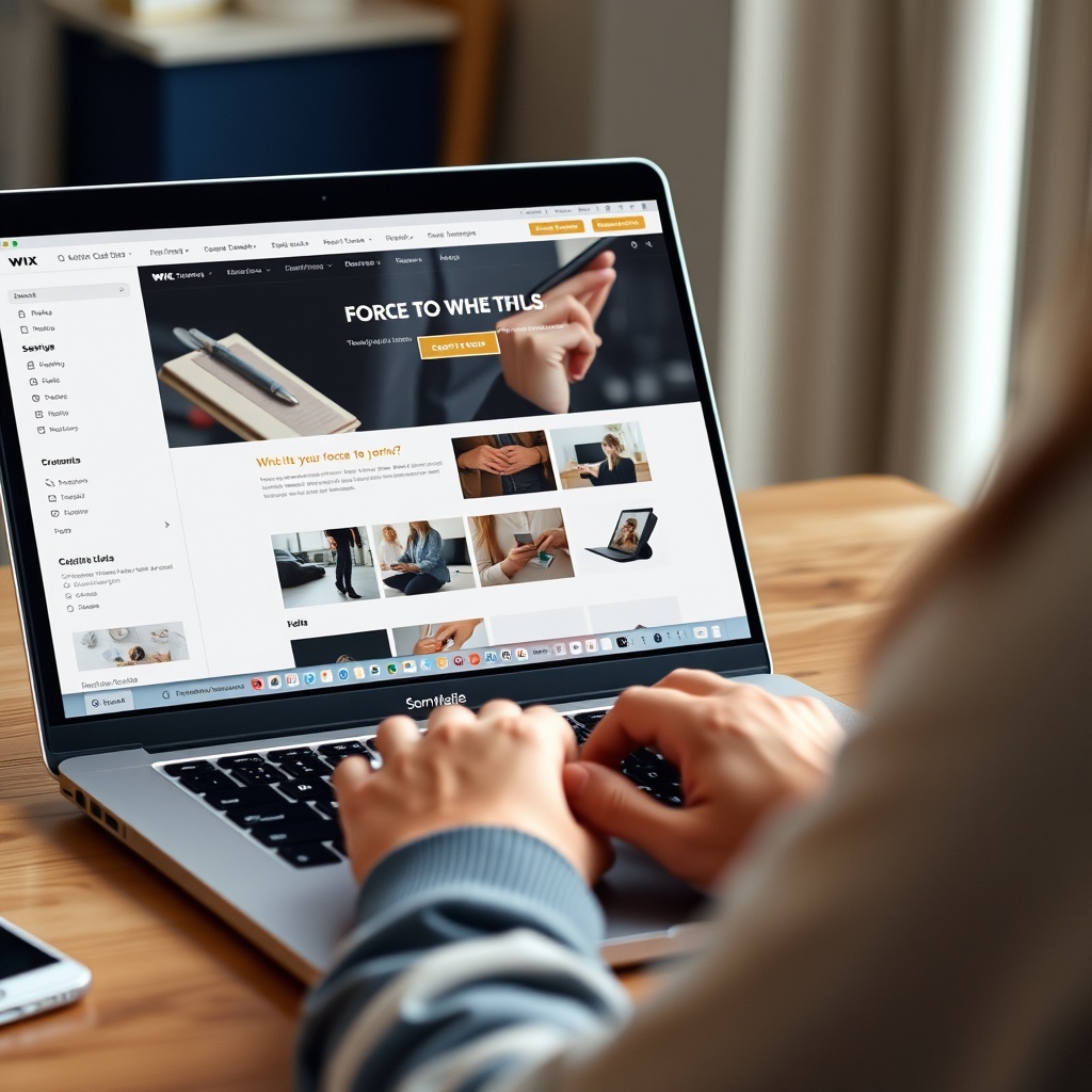 A professional stock photo of a person customising a website on a laptop with a Wix template visible on the screen, showcasing ease of use and design flexibility.