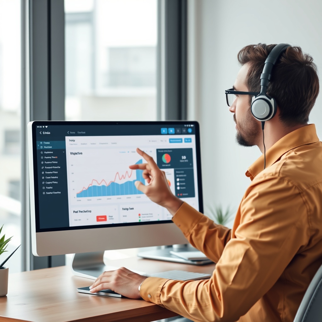 A professional stock photo depicting a business owner analyzing website traffic on a Wix dashboard, symbolizing scalability and growth potential.