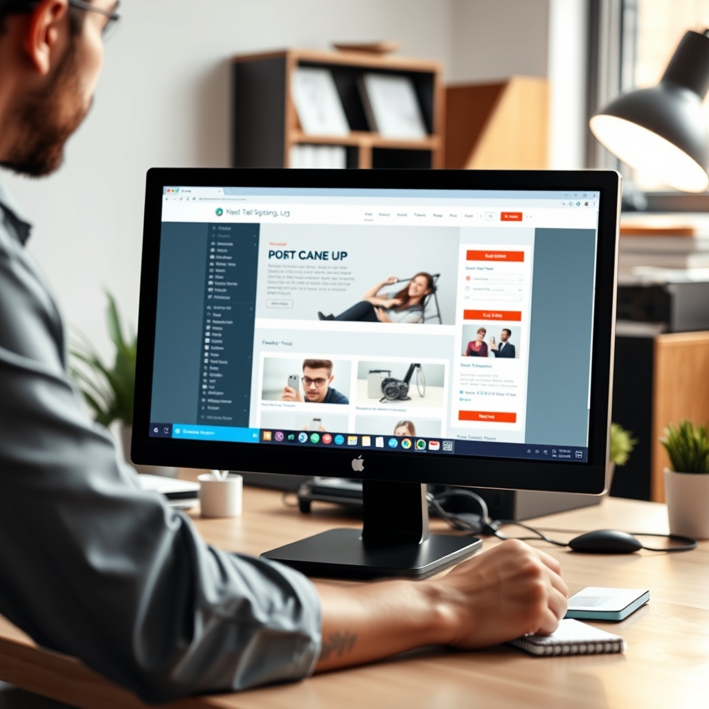 A high-quality stock image showing a person customizing a website template on a computer screen, with a notepad and pen nearby for notes, in a well-lit workspace.