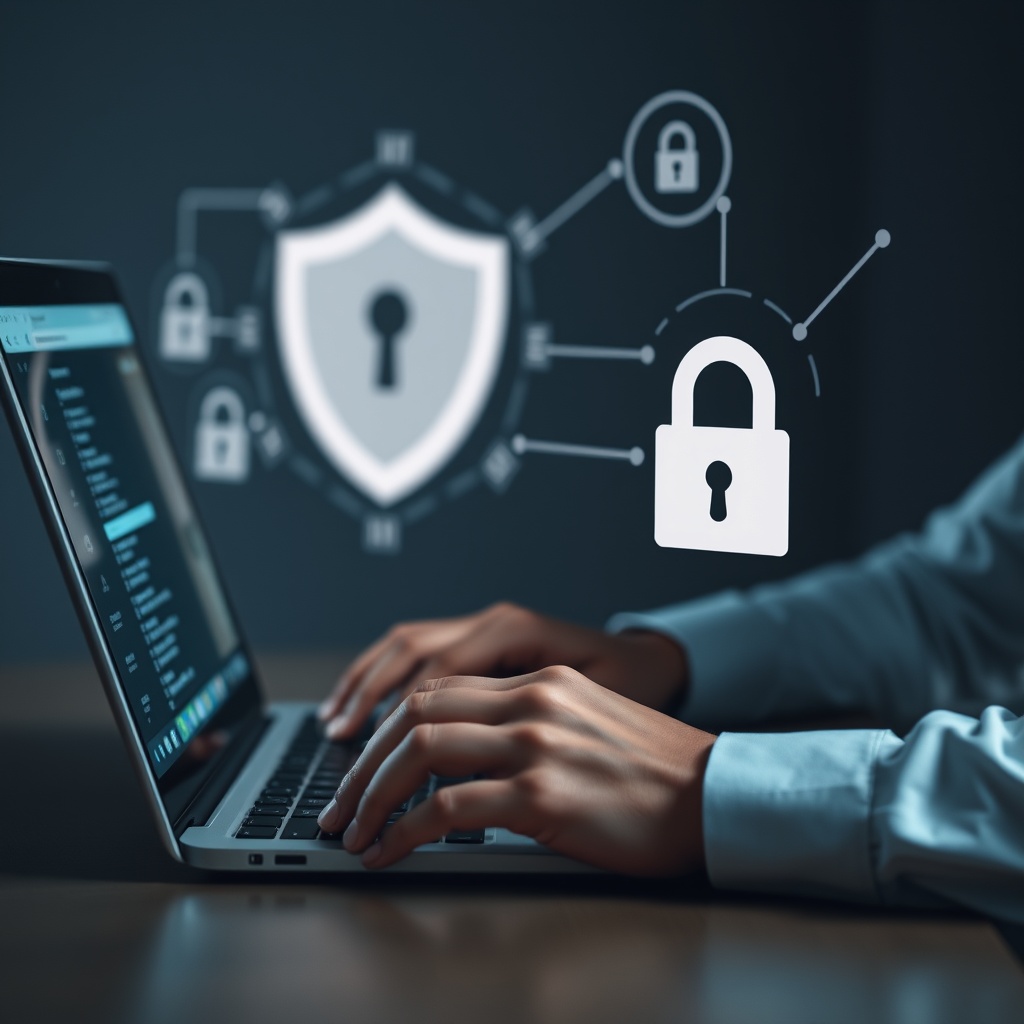A professional stock photo depicting a person performing regular website maintenance tasks on a laptop, with security icons like a shield and lock subtly in the background.