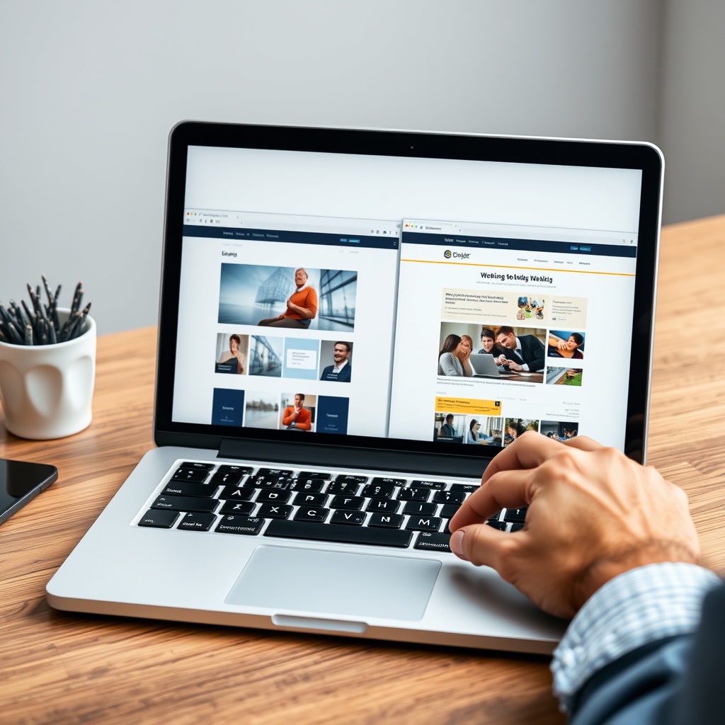 A professional stock photo of a person comparing two website designs on a laptop, symbolizing the choice between DIY and professional website building.