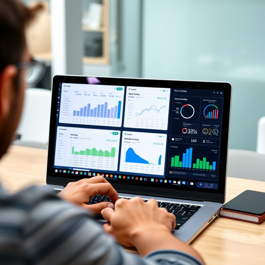 A professional stock photo of a person comparing different web hosting service dashboards on a laptop screen, with a clean, modern office background.