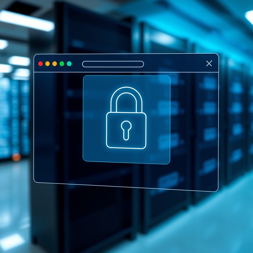 A high-quality stock image showing a secure padlock icon on a website browser tab, symbolizing website security, with a blurred background of a digital server room.