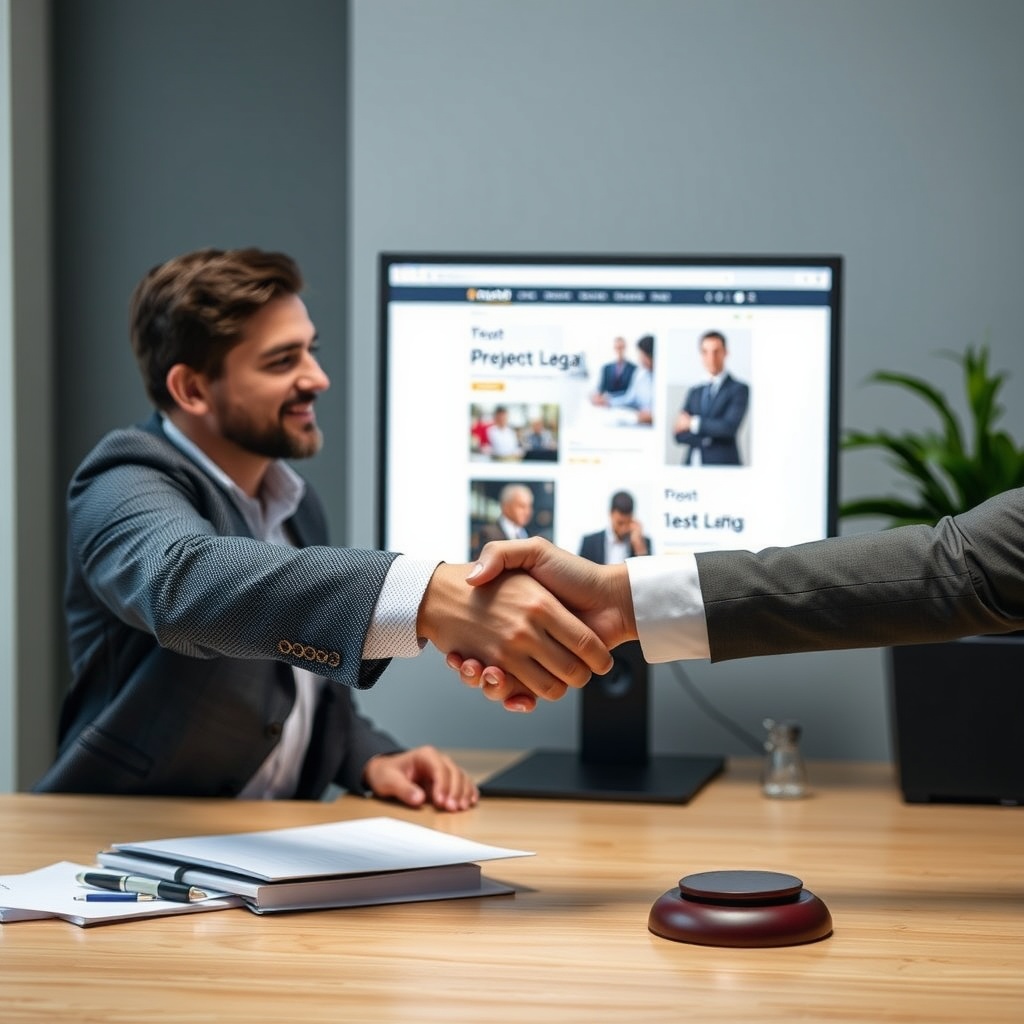 A professional stock photo depicting a handshake between a business owner and a client in front of a computer displaying a website, representing legal considerations and trust in website ownership.