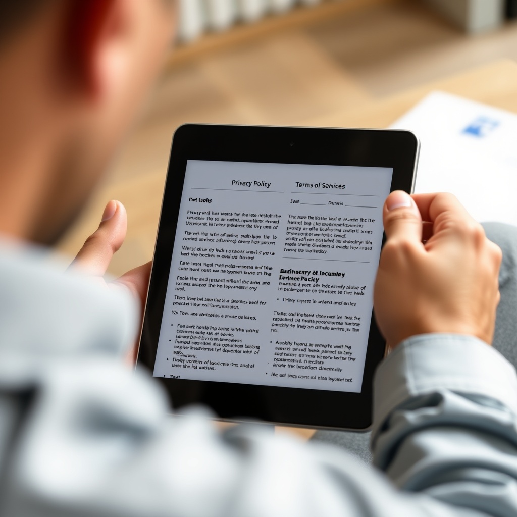 A business owner reviewing legal documents on a tablet, with a focus on privacy policy and terms of service pages open on the screen.