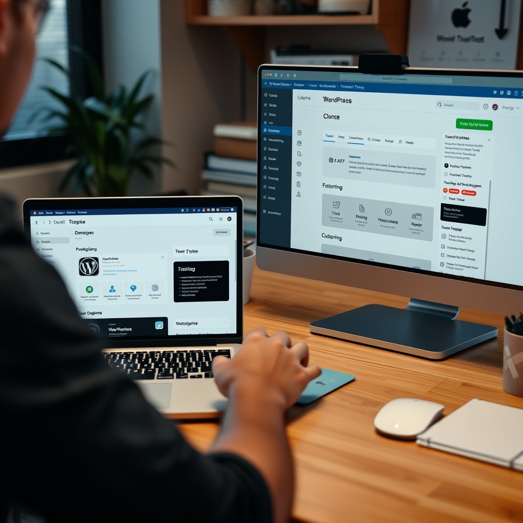 A professional workspace with a designer customizing a WordPress theme on a laptop, showcasing theme options and customization tools on screen.