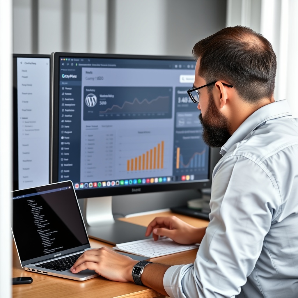A digital marketer analyzing SEO metrics on a computer screen with WordPress dashboard visible, highlighting SEO plugins and optimization tools.