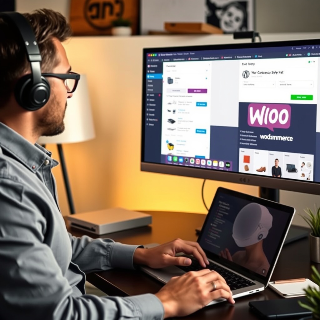 An entrepreneur setting up an online store on WordPress, with WooCommerce dashboard and product setup screens visible on the monitor.