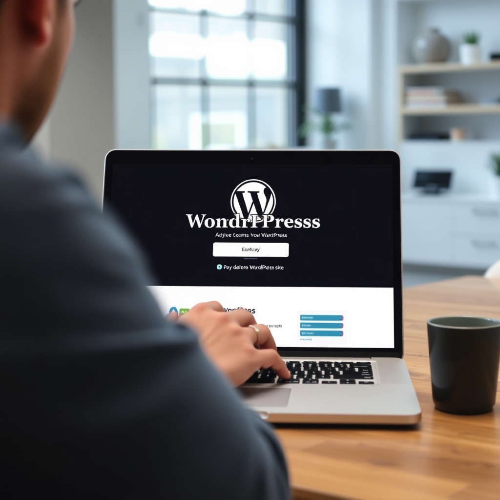 A professional stock photo of a person setting up a WordPress website on a laptop, with a clean, modern workspace in the background, symbolizing the ease of starting a WordPress site.