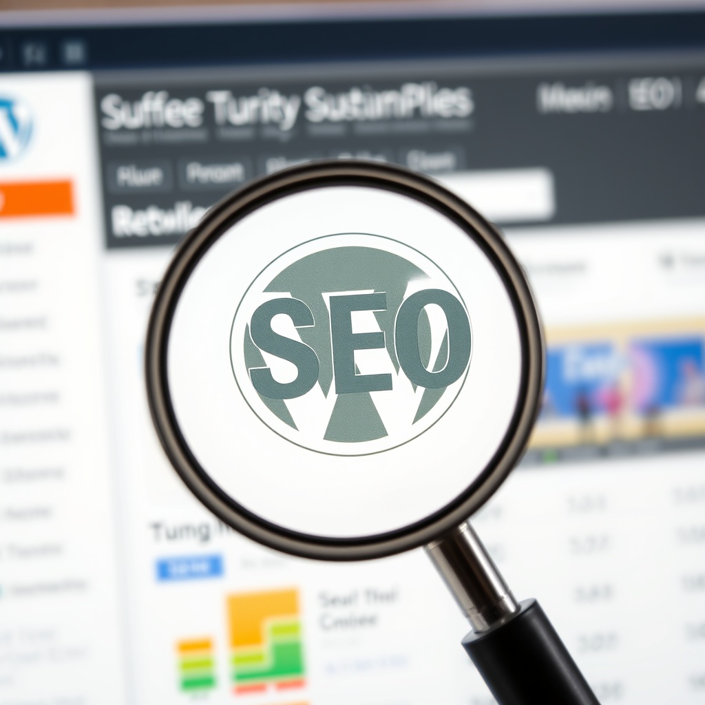 A high-quality stock image showing a magnifying glass over a WordPress dashboard with SEO plugins visible, representing the focus on SEO optimization in WordPress.