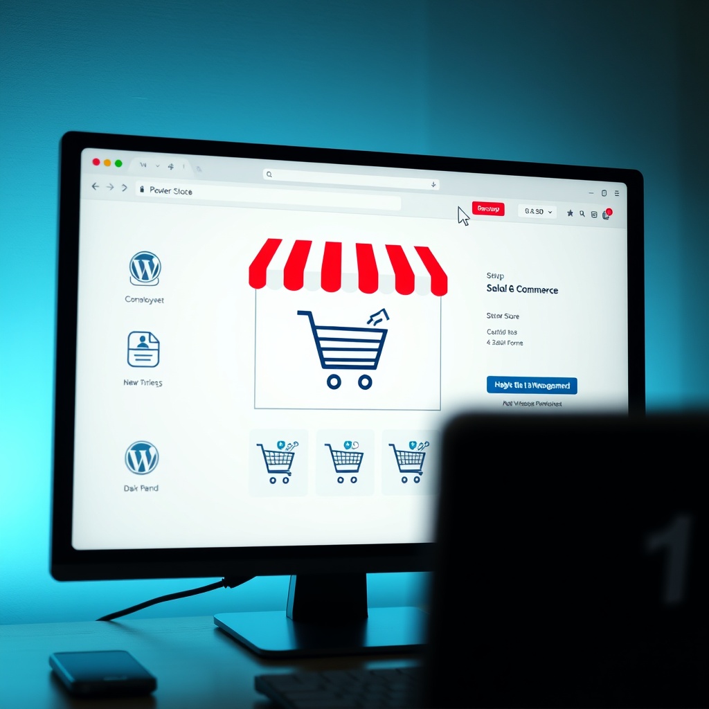 An engaging stock photo of an online store setup on a computer screen with shopping cart icons and payment methods displayed, illustrating e-commerce with WordPress.