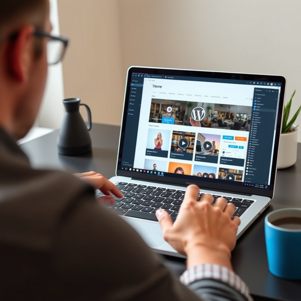 A professional designer customizing a WordPress theme on a laptop, showcasing theme selection and customization tools on screen.