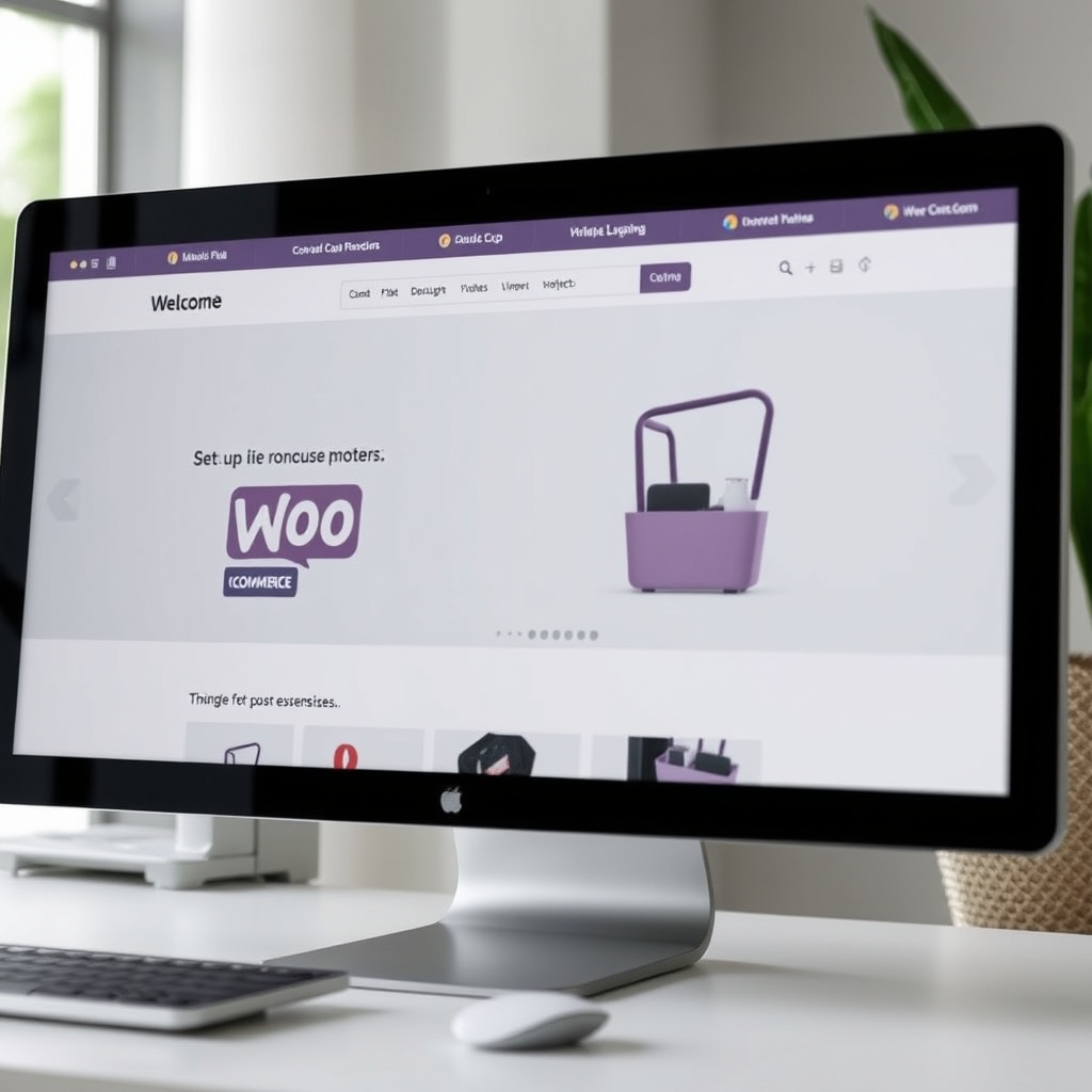 A sleek e-commerce website on a desktop screen, highlighting WooCommerce setup and design elements for optimal user experience and security.