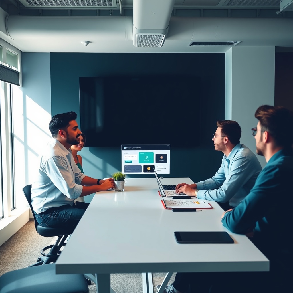A team meeting with a WordPress designer presenting website designs to clients, emphasizing communication and understanding client needs.