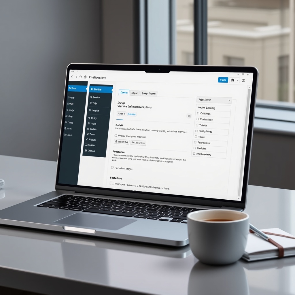 A modern laptop displaying a WordPress theme customization dashboard with various style options highlighted, set on a sleek desk with a coffee cup and notebook.