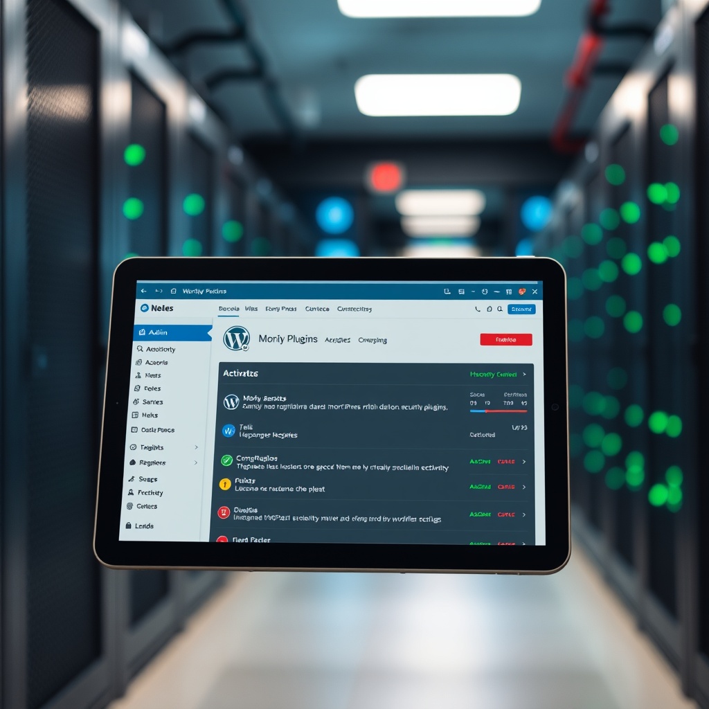 A secure WordPress admin dashboard with security plugins activated, displayed on a tablet with a blurred background of a hacker-proof server room.