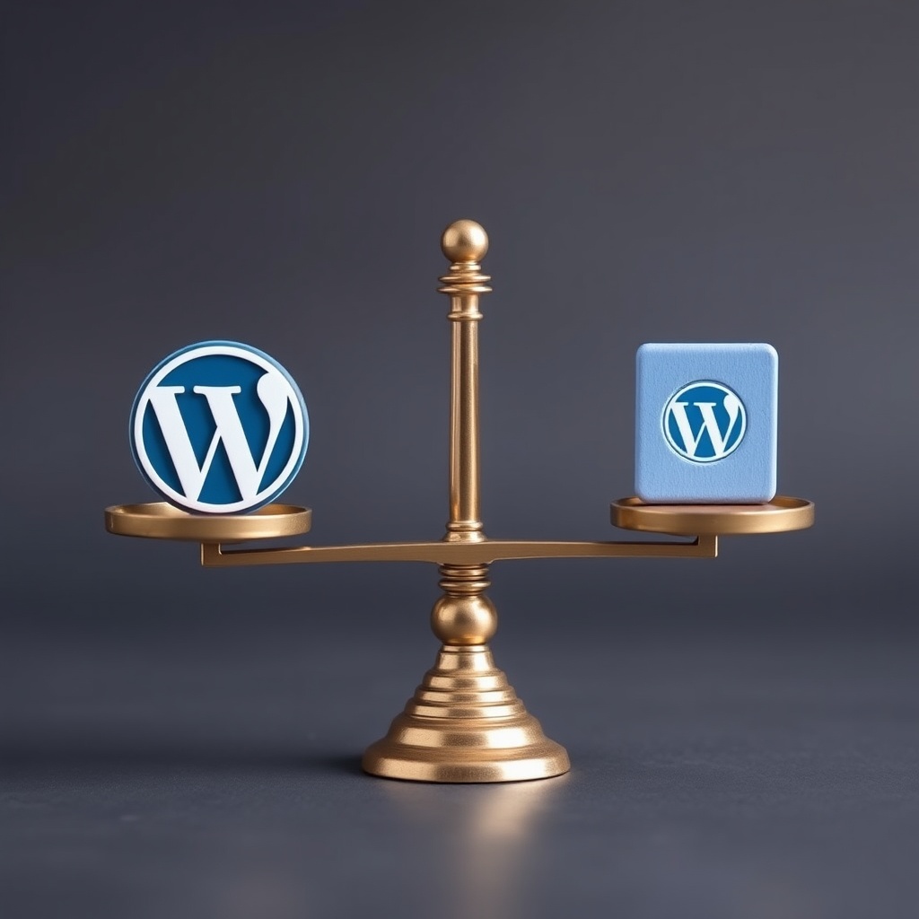 A professional stock photo depicting a balanced scale with a WordPress logo on one side and a simple website icon on the other, symbolizing the decision-making process for choosing WordPress.